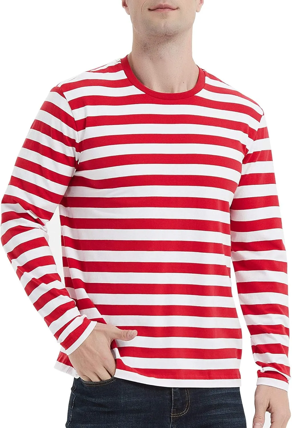 LEDING Mens Shirt Striped Black White Cotton Spandex Crewneck Long Sleeve Basic Pullover Stripe Casual Crew Tee Shirt