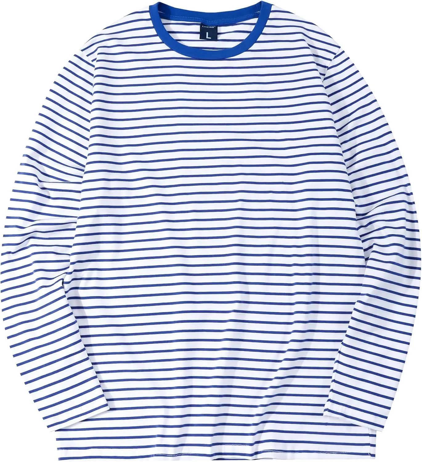 LEDING Mens Shirt Striped Black White Cotton Spandex Crewneck Long Sleeve Basic Pullover Stripe Casual Crew Tee Shirt