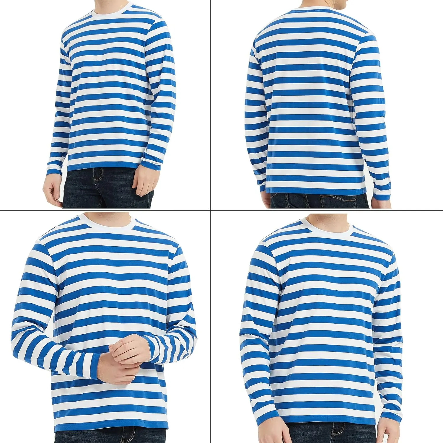 LEDING Mens Shirt Striped Black White Cotton Spandex Crewneck Long Sleeve Basic Pullover Stripe Casual Crew Tee Shirt