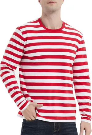LEDING Mens Shirt Striped Black White Cotton Spandex Crewneck Long Sleeve Basic Pullover Stripe Casual Crew Tee Shirt