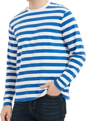 LEDING Mens Shirt Striped Black White Cotton Spandex Crewneck Long Sleeve Basic Pullover Stripe Casual Crew Tee Shirt