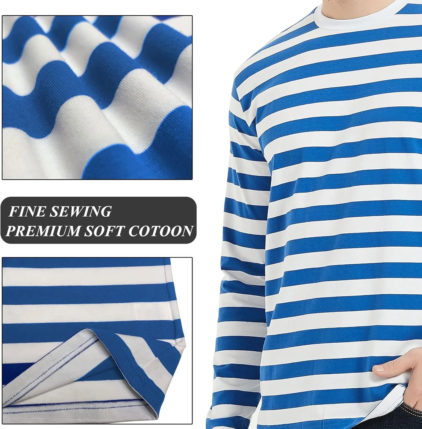 LEDING Mens Shirt Striped Black White Cotton Spandex Crewneck Long Sleeve Basic Pullover Stripe Casual Crew Tee Shirt