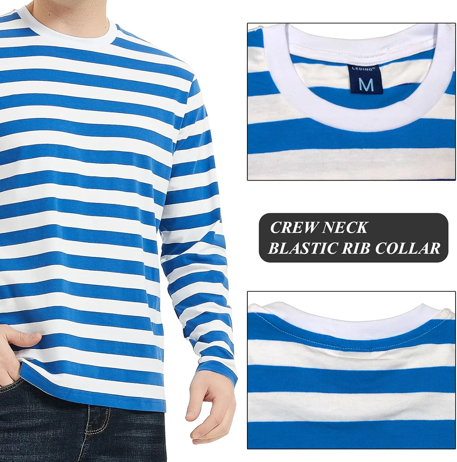 LEDING Mens Shirt Striped Black White Cotton Spandex Crewneck Long Sleeve Basic Pullover Stripe Casual Crew Tee Shirt