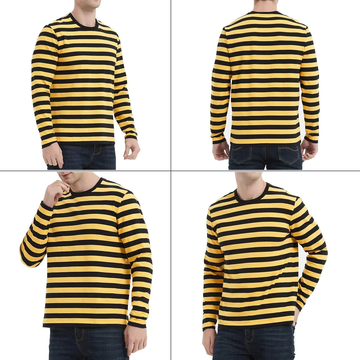 LEDING Mens Shirt Striped Black White Cotton Spandex Crewneck Long Sleeve Basic Pullover Stripe Casual Crew Tee Shirt