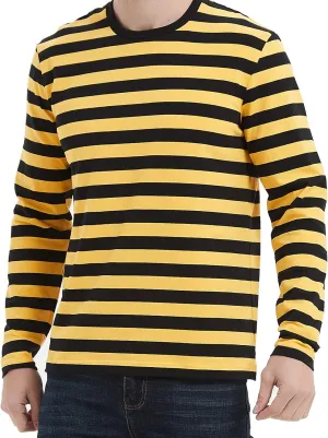 LEDING Mens Shirt Striped Black White Cotton Spandex Crewneck Long Sleeve Basic Pullover Stripe Casual Crew Tee Shirt