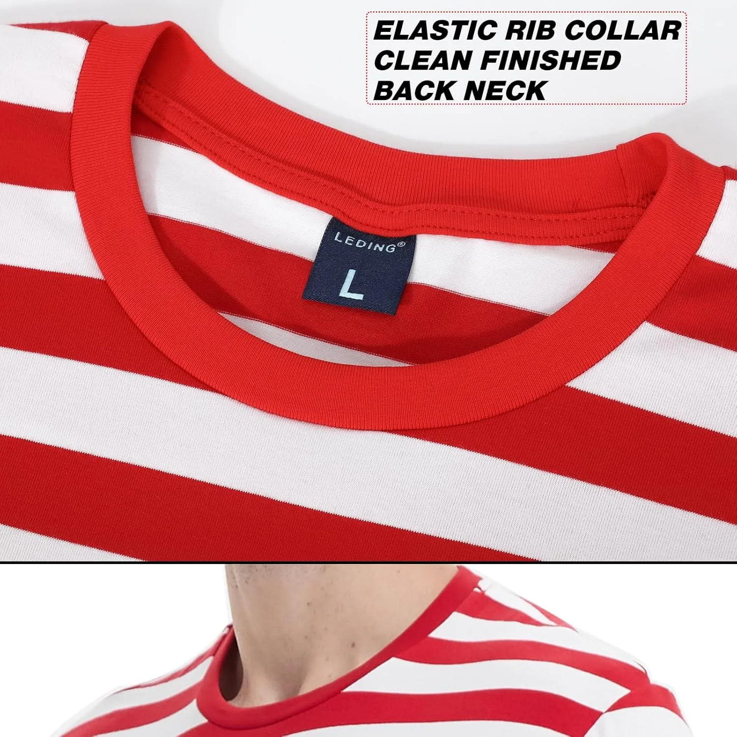 LEDING Mens Shirt Striped Black White Cotton Spandex Crewneck Long Sleeve Basic Pullover Stripe Casual Crew Tee Shirt