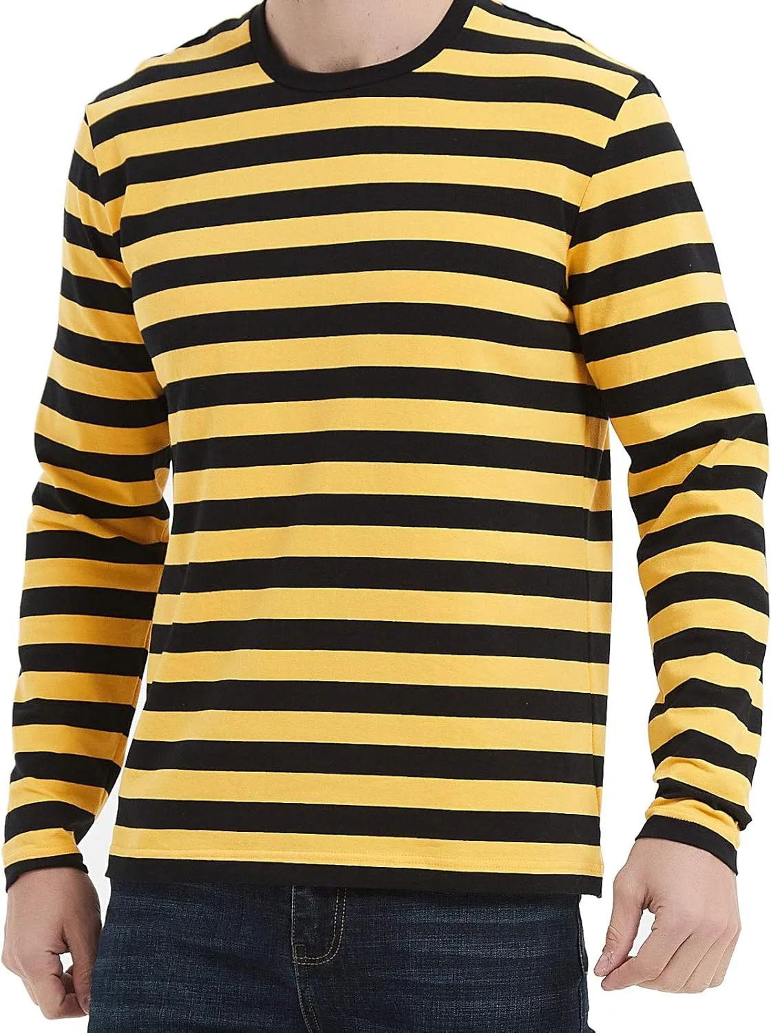 LEDING Mens Shirt Striped Black White Cotton Spandex Crewneck Long Sleeve Basic Pullover Stripe Casual Crew Tee Shirt