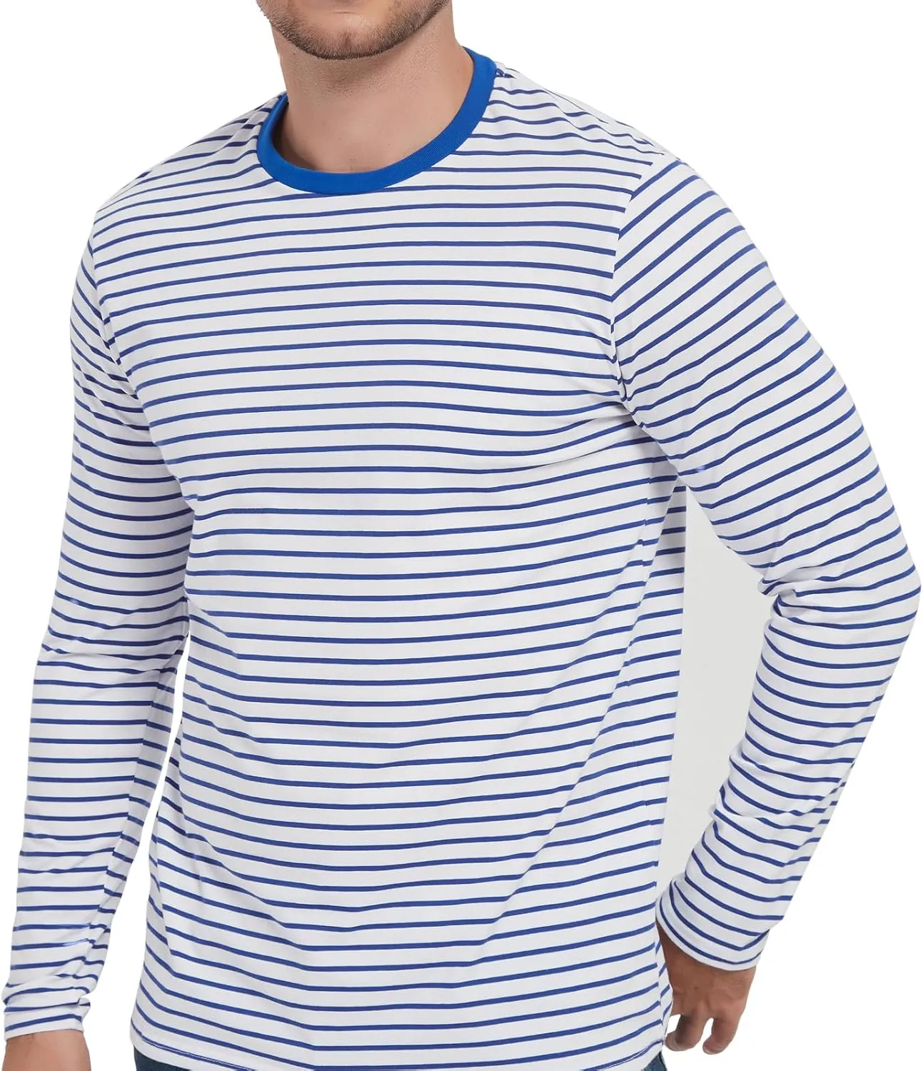 LEDING Mens Shirt Striped Black White Cotton Spandex Crewneck Long Sleeve Basic Pullover Stripe Casual Crew Tee Shirt