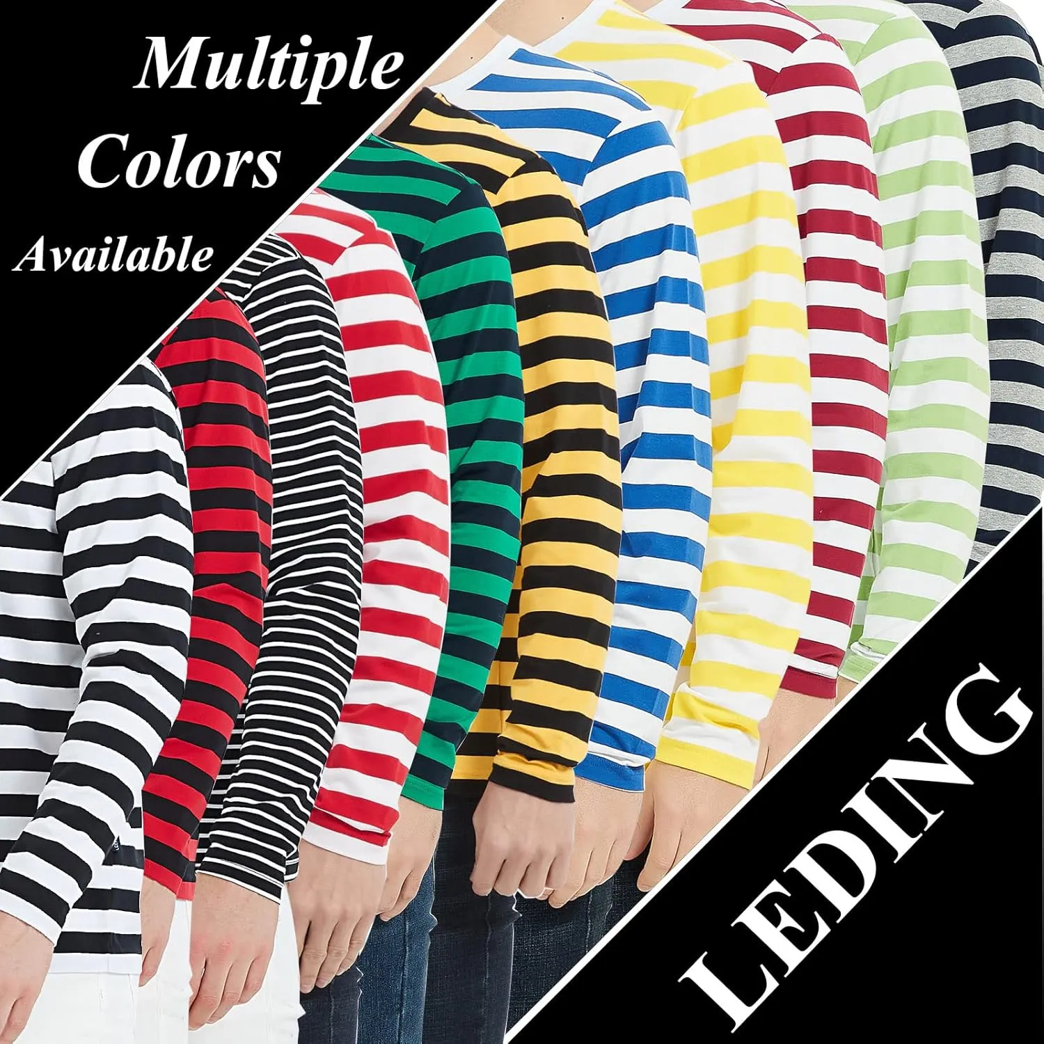 LEDING Mens Shirt Striped Black White Cotton Spandex Crewneck Long Sleeve Basic Pullover Stripe Casual Crew Tee Shirt