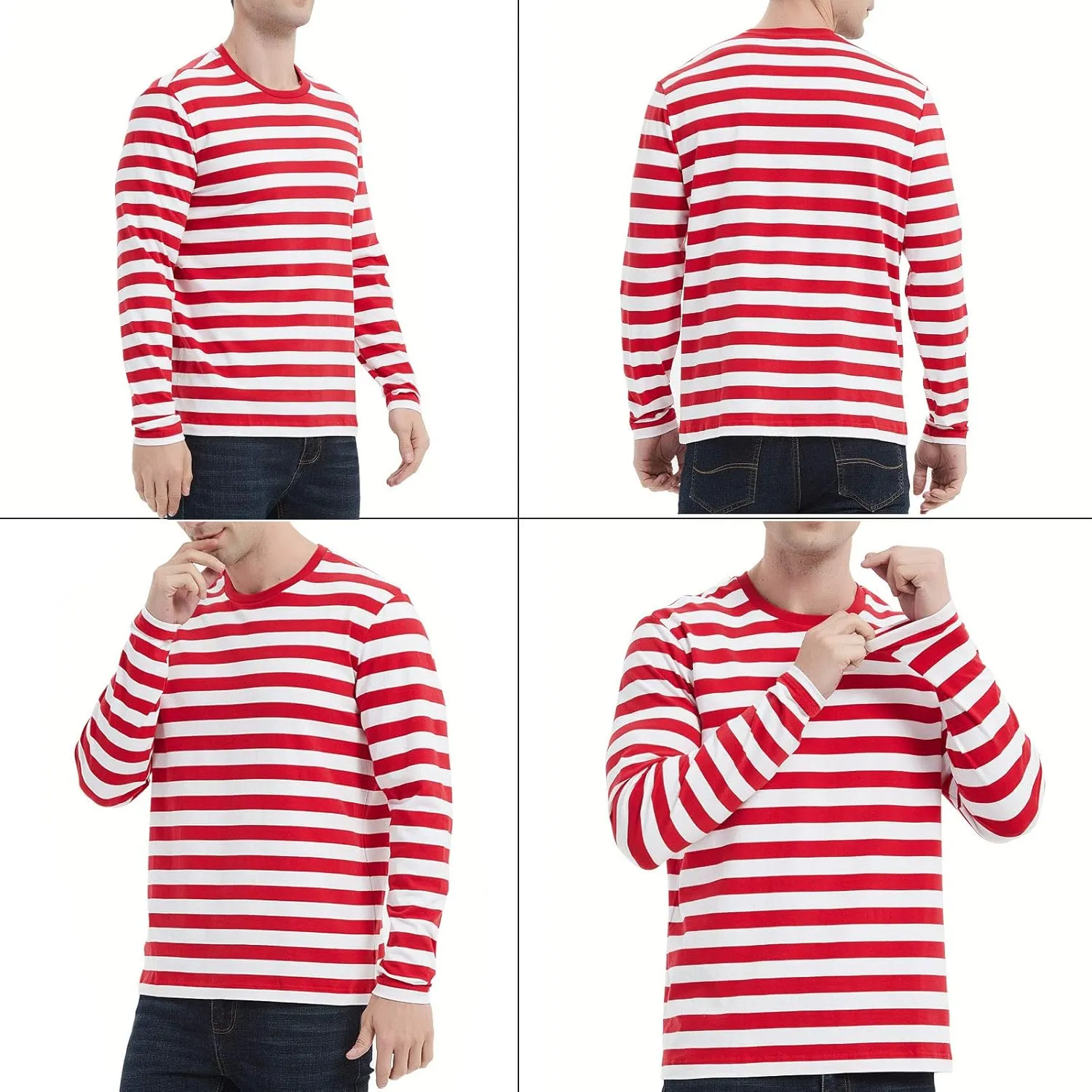 LEDING Mens Shirt Striped Black White Cotton Spandex Crewneck Long Sleeve Basic Pullover Stripe Casual Crew Tee Shirt