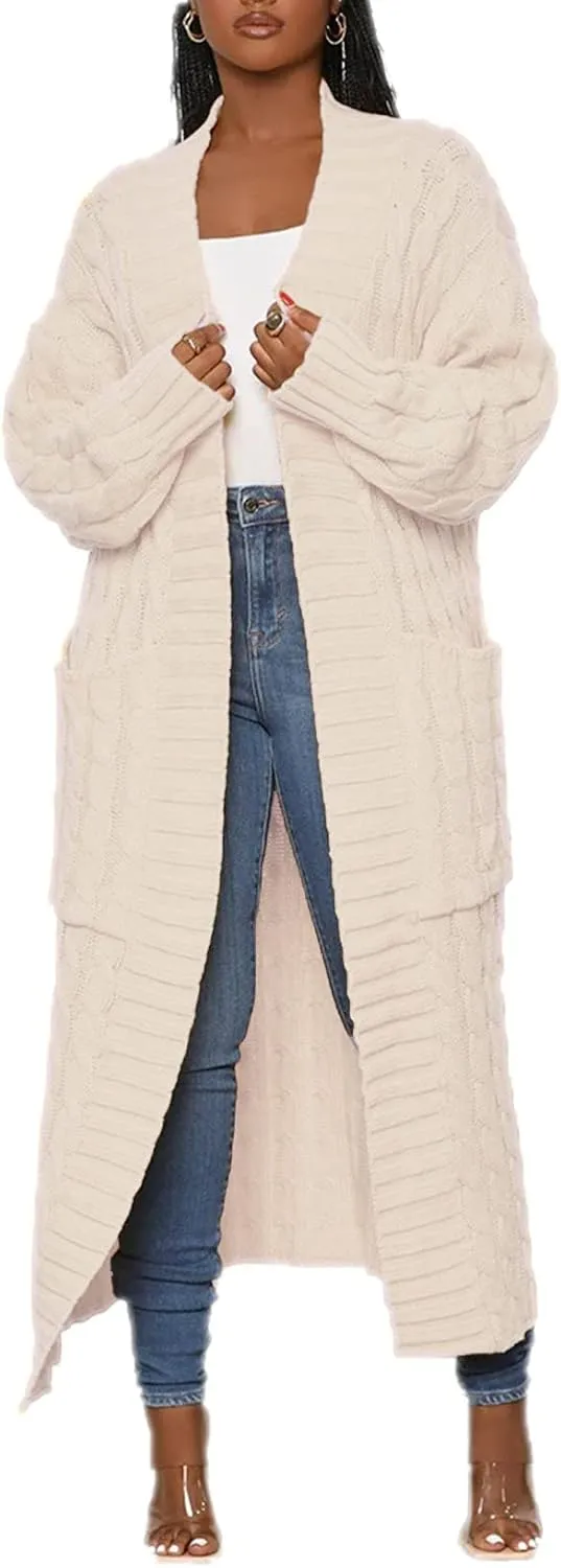 LETSVDO Long Sweaters for Women Cardigan Open Front Cable Knit Long Sleeve Duster Chunky Casual Cardigans Coat With Pockets