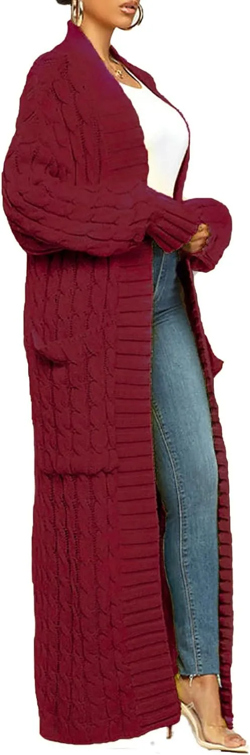 LETSVDO Long Sweaters for Women Cardigan Open Front Cable Knit Long Sleeve Duster Chunky Casual Cardigans Coat With Pockets