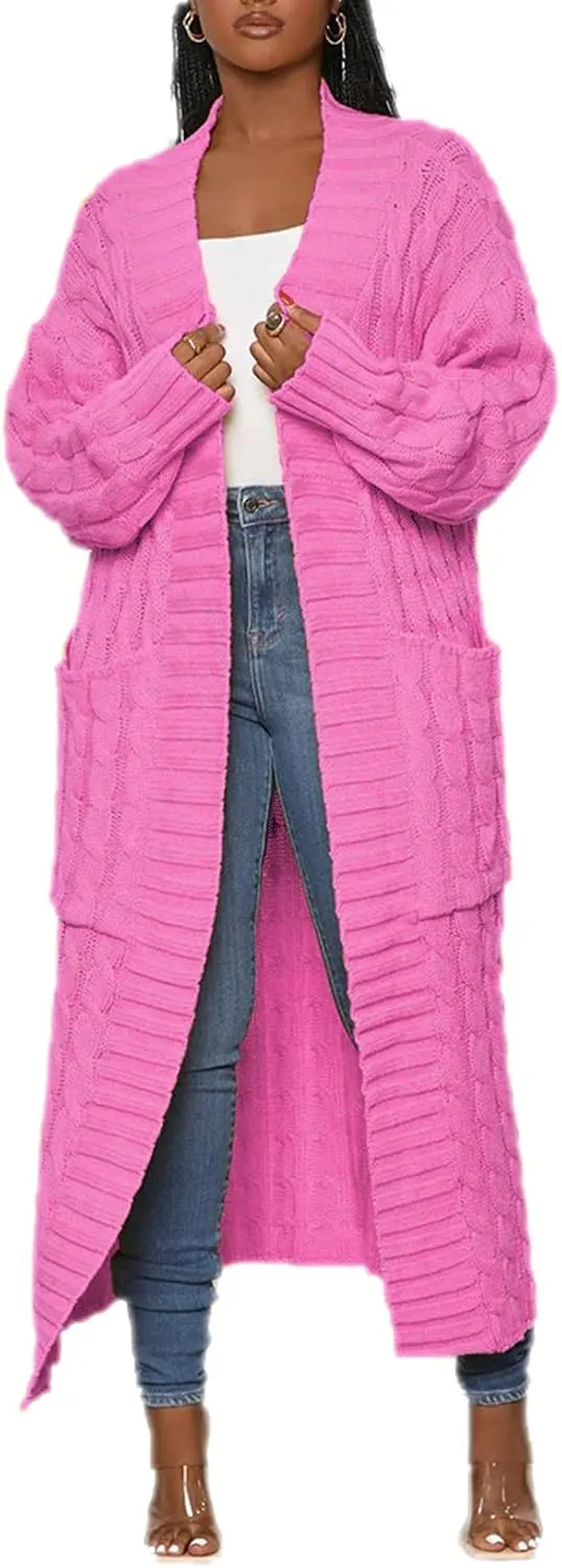 LETSVDO Long Sweaters for Women Cardigan Open Front Cable Knit Long Sleeve Duster Chunky Casual Cardigans Coat With Pockets