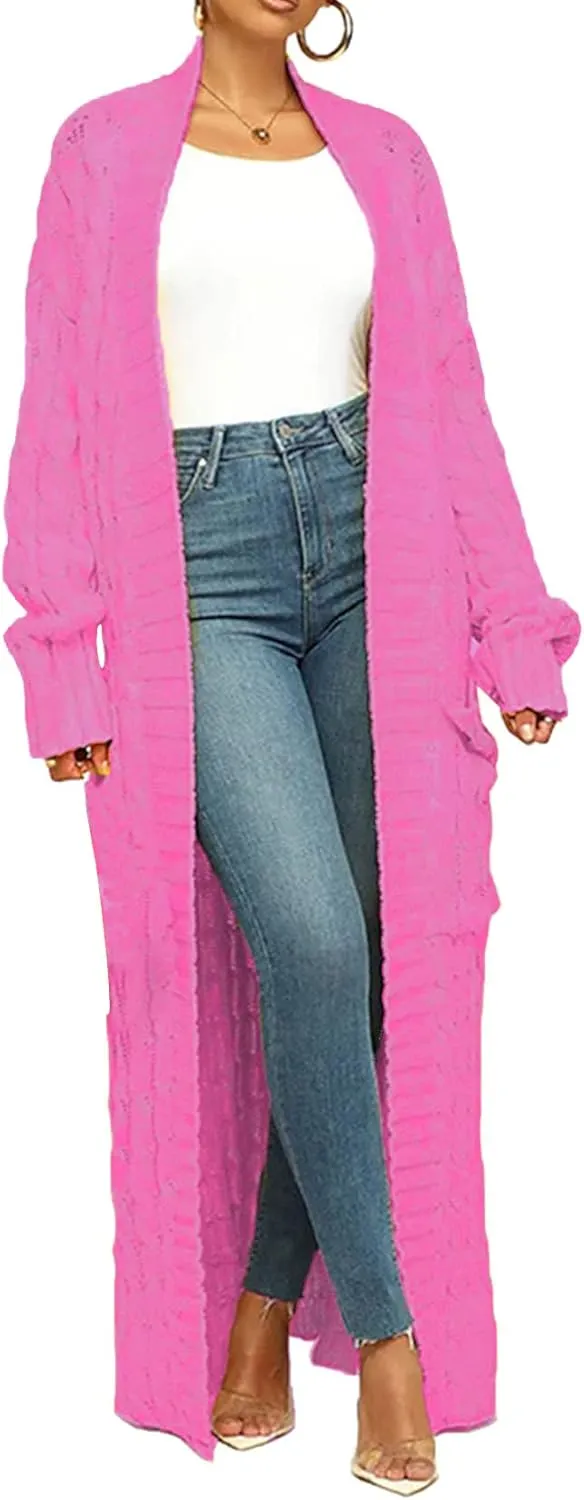 LETSVDO Long Sweaters for Women Cardigan Open Front Cable Knit Long Sleeve Duster Chunky Casual Cardigans Coat With Pockets