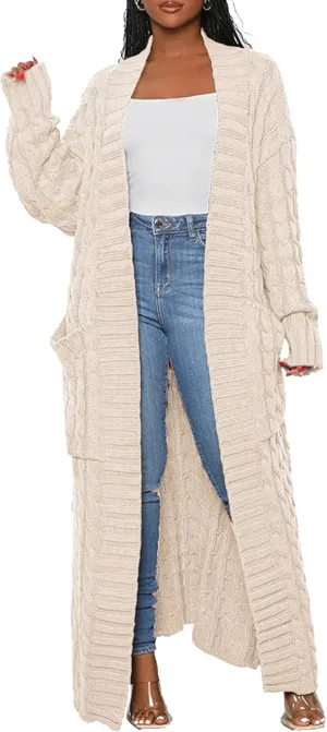 LETSVDO Long Sweaters for Women Cardigan Open Front Cable Knit Long Sleeve Duster Chunky Casual Cardigans Coat With Pockets