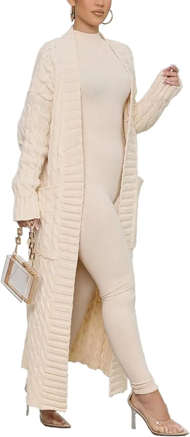 LETSVDO Long Sweaters for Women Cardigan Open Front Cable Knit Long Sleeve Duster Chunky Casual Cardigans Coat With Pockets