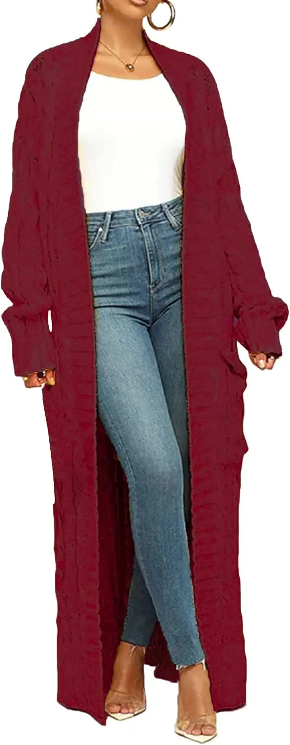 LETSVDO Long Sweaters for Women Cardigan Open Front Cable Knit Long Sleeve Duster Chunky Casual Cardigans Coat With Pockets