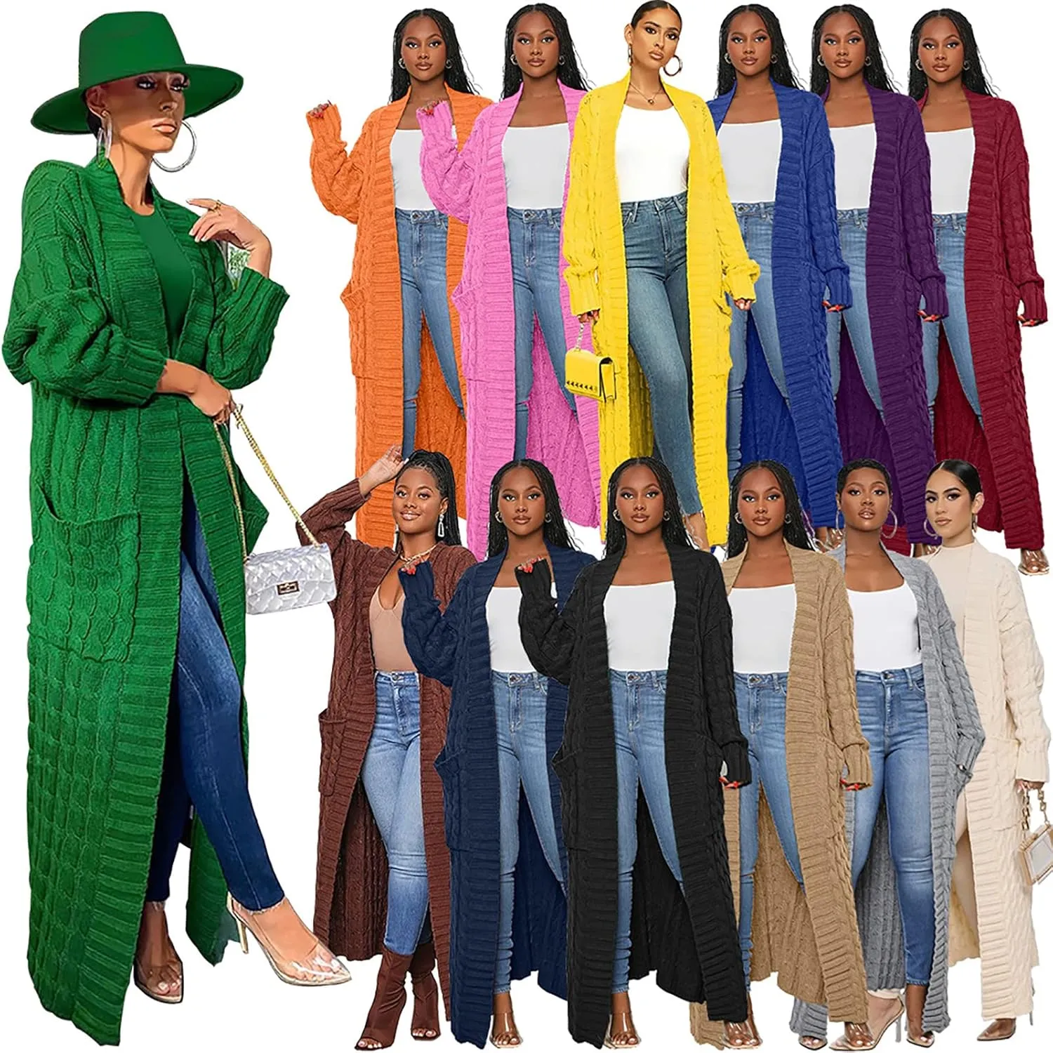 LETSVDO Long Sweaters for Women Cardigan Open Front Cable Knit Long Sleeve Duster Chunky Casual Cardigans Coat With Pockets