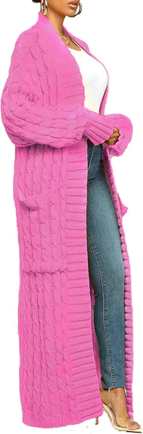 LETSVDO Long Sweaters for Women Cardigan Open Front Cable Knit Long Sleeve Duster Chunky Casual Cardigans Coat With Pockets