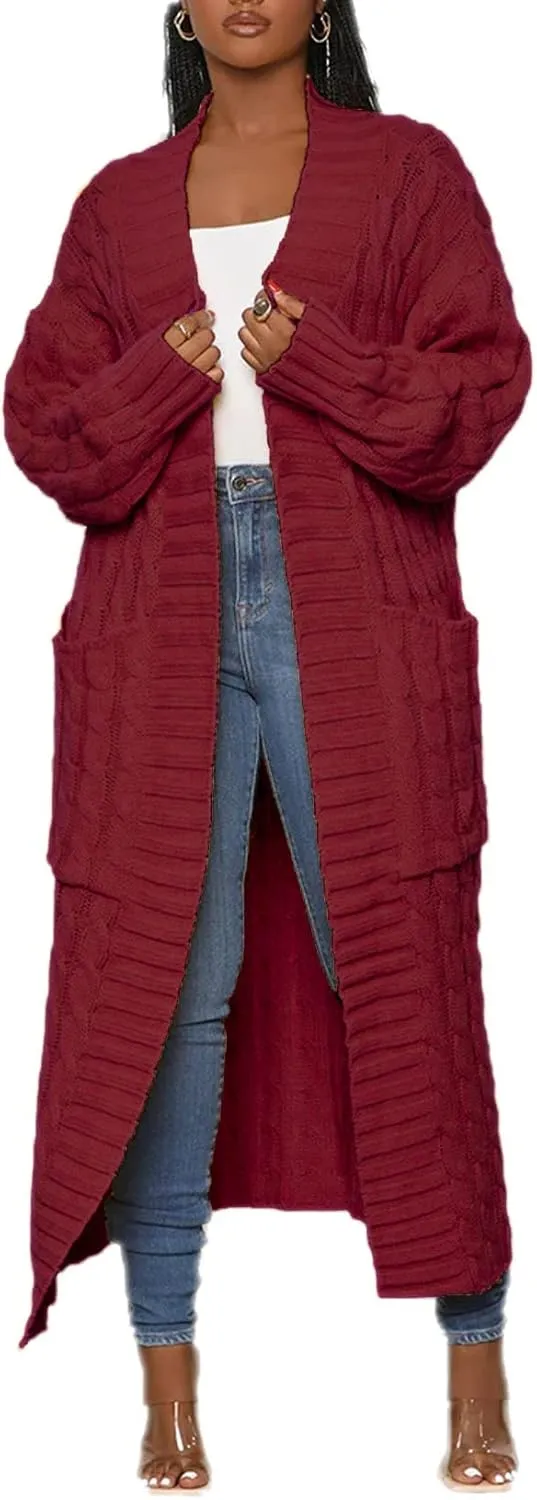 LETSVDO Long Sweaters for Women Cardigan Open Front Cable Knit Long Sleeve Duster Chunky Casual Cardigans Coat With Pockets
