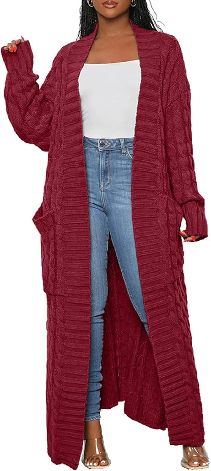 LETSVDO Long Sweaters for Women Cardigan Open Front Cable Knit Long Sleeve Duster Chunky Casual Cardigans Coat With Pockets