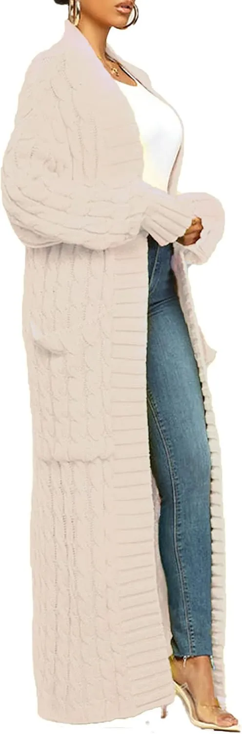 LETSVDO Long Sweaters for Women Cardigan Open Front Cable Knit Long Sleeve Duster Chunky Casual Cardigans Coat With Pockets