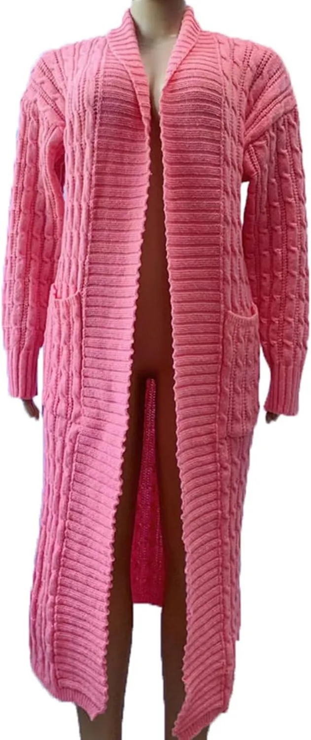 LETSVDO Long Sweaters for Women Cardigan Open Front Cable Knit Long Sleeve Duster Chunky Casual Cardigans Coat With Pockets