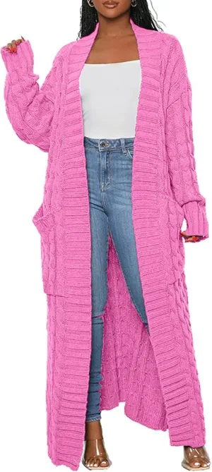 LETSVDO Long Sweaters for Women Cardigan Open Front Cable Knit Long Sleeve Duster Chunky Casual Cardigans Coat With Pockets