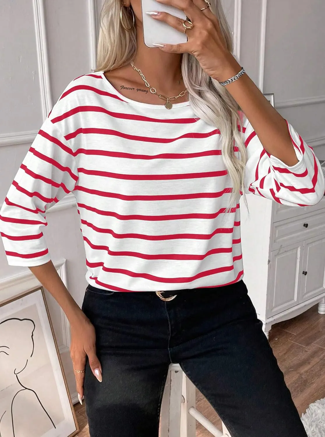 LilyCoco Womens 3/4 Length Sleeve Tops Striped Boat Neck Shirt Frenchy Cotton Tees