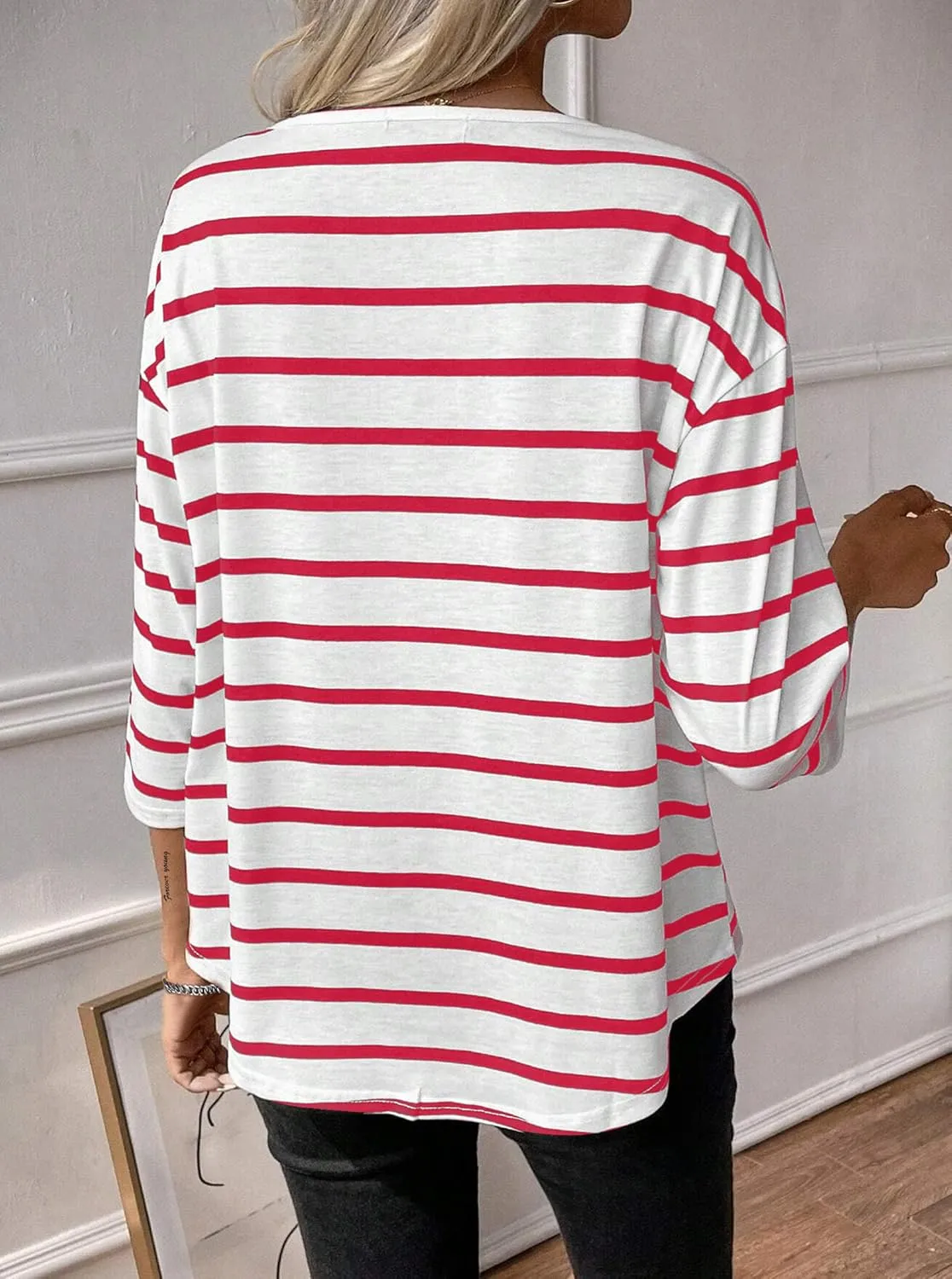 LilyCoco Womens 3/4 Length Sleeve Tops Striped Boat Neck Shirt Frenchy Cotton Tees