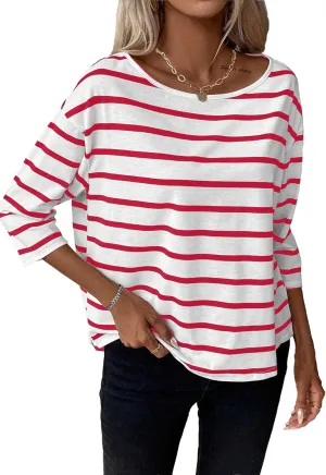 LilyCoco Womens 3/4 Length Sleeve Tops Striped Boat Neck Shirt Frenchy Cotton Tees