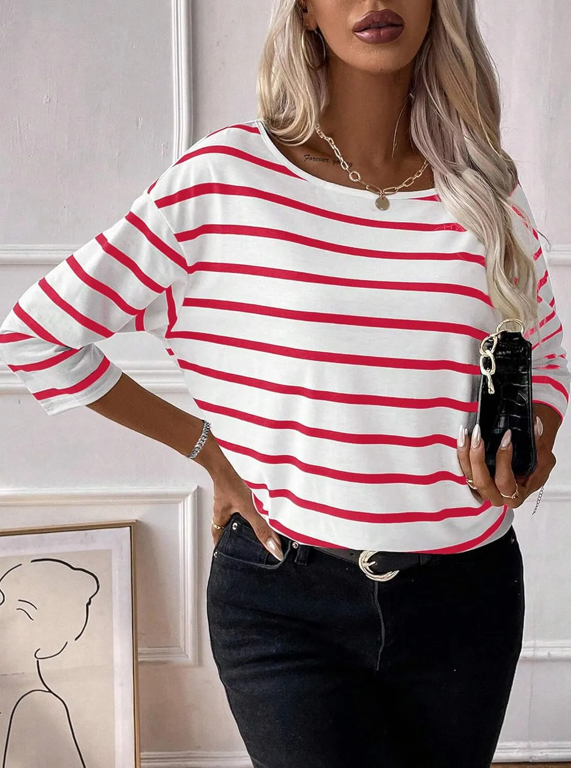 LilyCoco Womens 3/4 Length Sleeve Tops Striped Boat Neck Shirt Frenchy Cotton Tees
