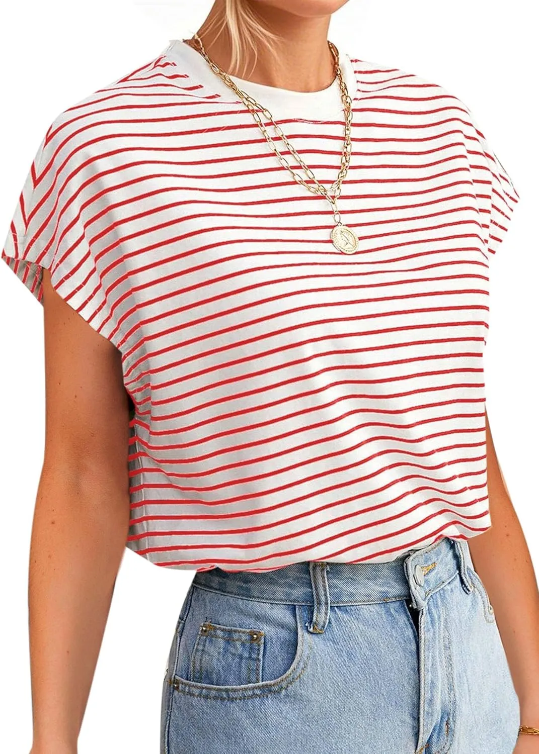 LilyCoco Womens Striped Shirt Summer Oversized Cap Sleeve Crew Neck T Shirt