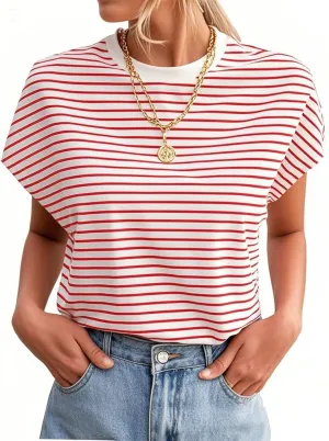 LilyCoco Womens Striped Shirt Summer Oversized Cap Sleeve Crew Neck T Shirt