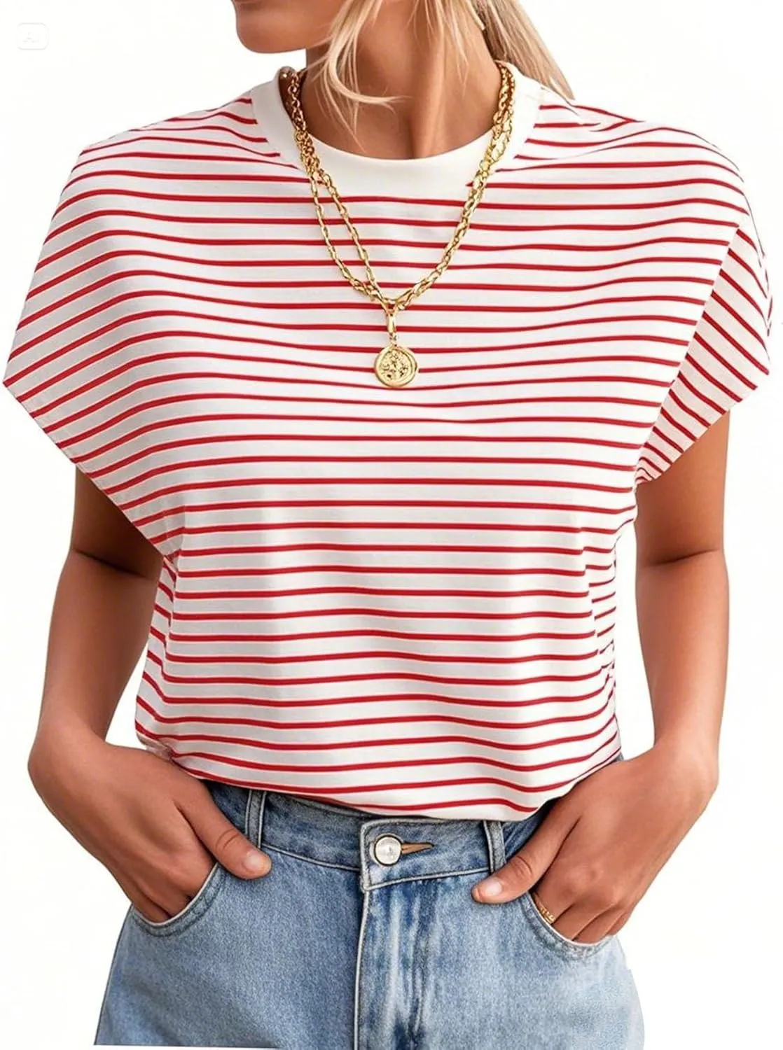 LilyCoco Womens Striped Shirt Summer Oversized Cap Sleeve Crew Neck T Shirt