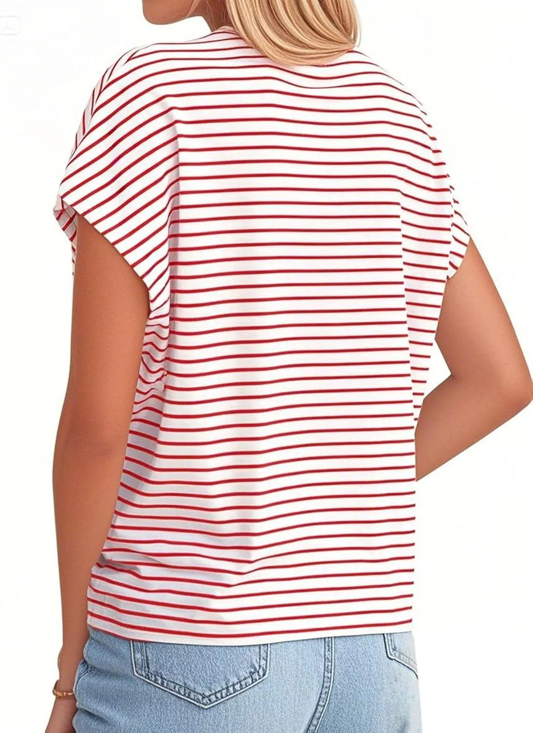 LilyCoco Womens Striped Shirt Summer Oversized Cap Sleeve Crew Neck T Shirt