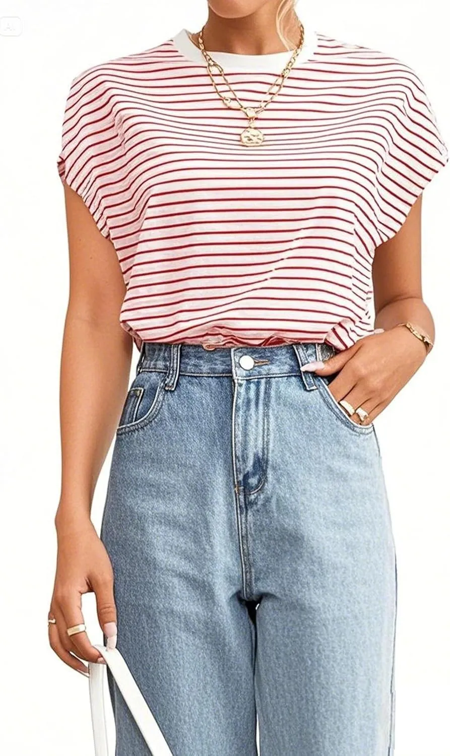 LilyCoco Womens Striped Shirt Summer Oversized Cap Sleeve Crew Neck T Shirt