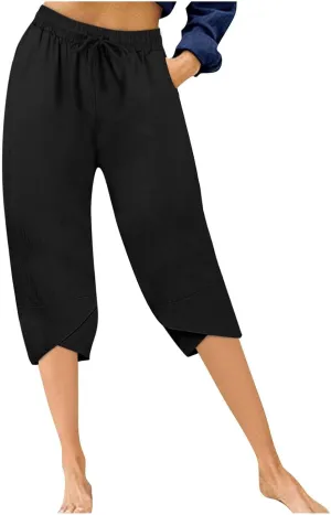 Linen Capri Pants for Women Casual High Waist Tapered Leg Lounge Pants Elastic Waist Baggy Crop Trousers Beach Outfit
