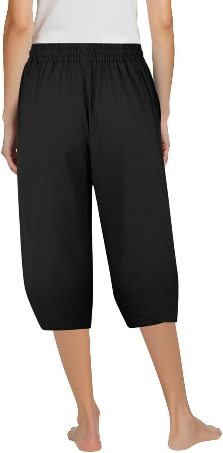 Linen Capri Pants for Women Casual High Waist Tapered Leg Lounge Pants Elastic Waist Baggy Crop Trousers Beach Outfit