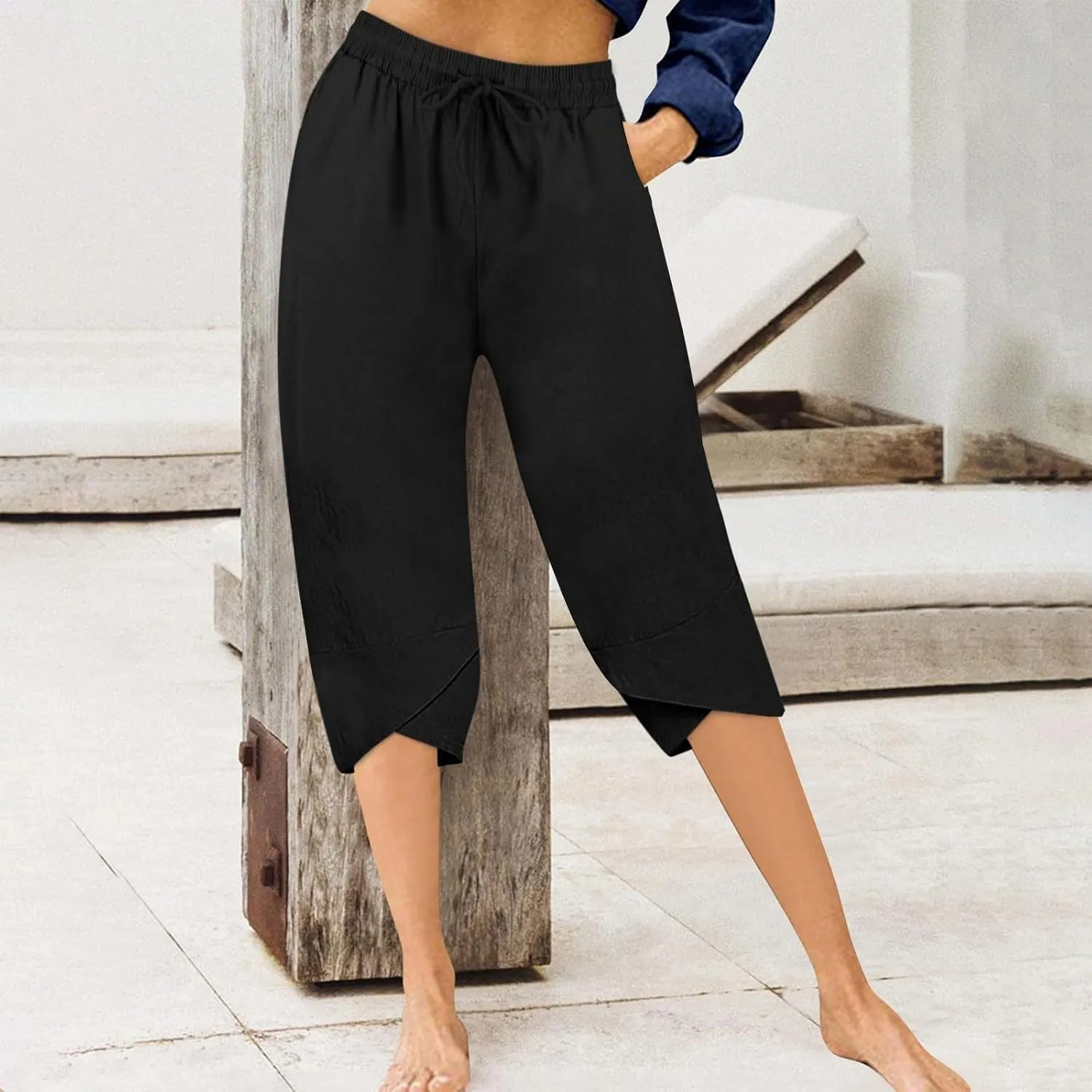Linen Capri Pants for Women Casual High Waist Tapered Leg Lounge Pants Elastic Waist Baggy Crop Trousers Beach Outfit