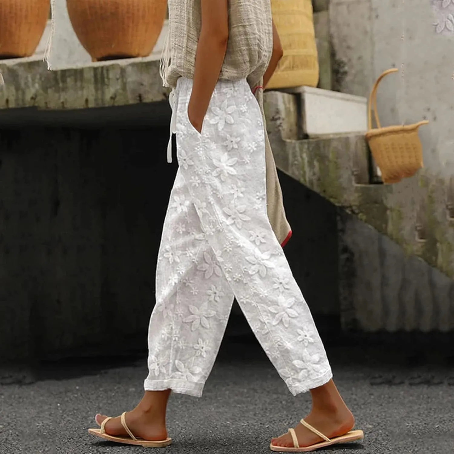Linen Capris for Women High Waist Casual Pants Drawstring Capri Pants Comfy Cropped Pants with Pockets