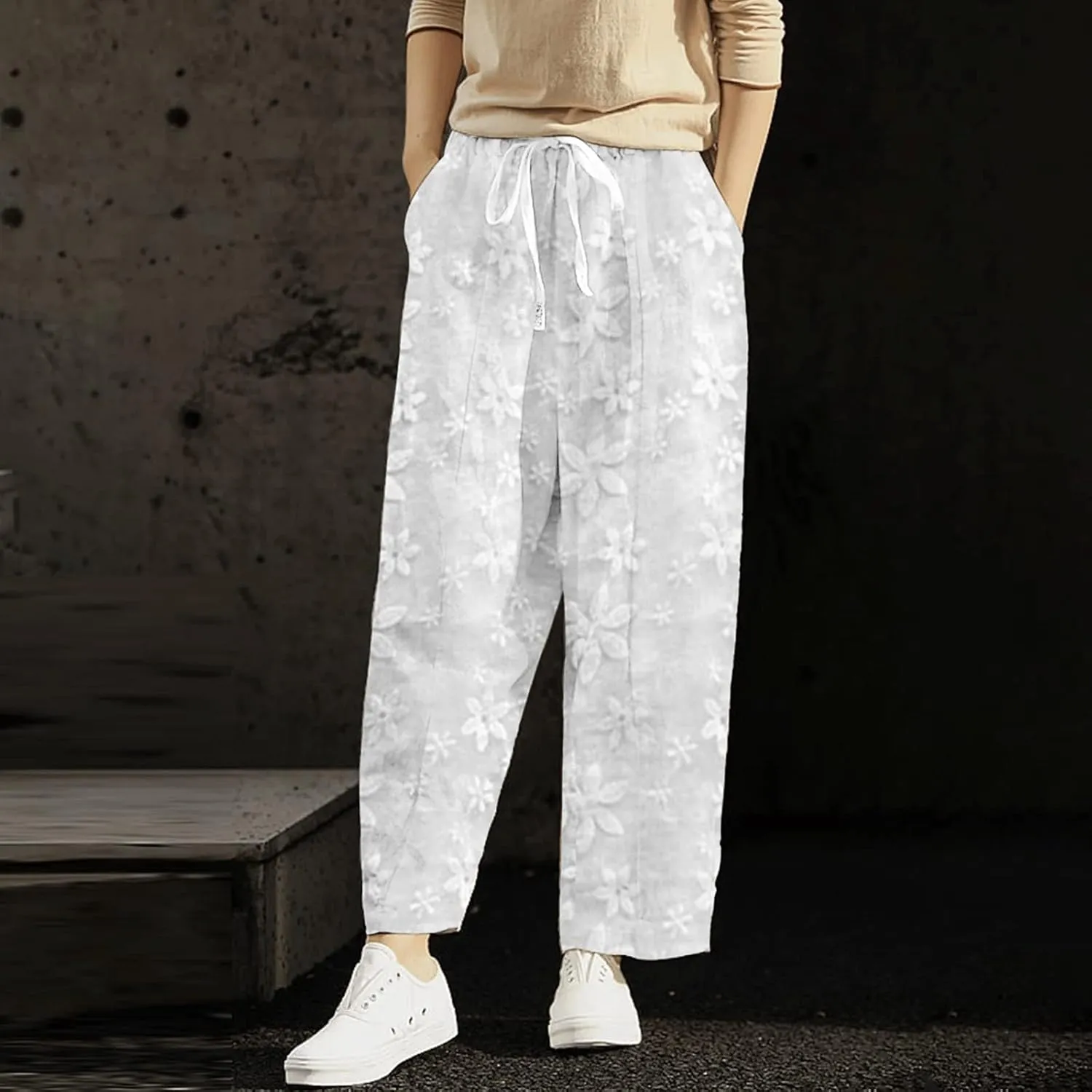 Linen Capris for Women High Waist Casual Pants Drawstring Capri Pants Comfy Cropped Pants with Pockets