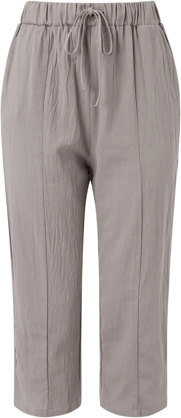 Linen Capris for Women High Waist Casual Pants Drawstring Capri Pants Comfy Cropped Pants with Pockets
