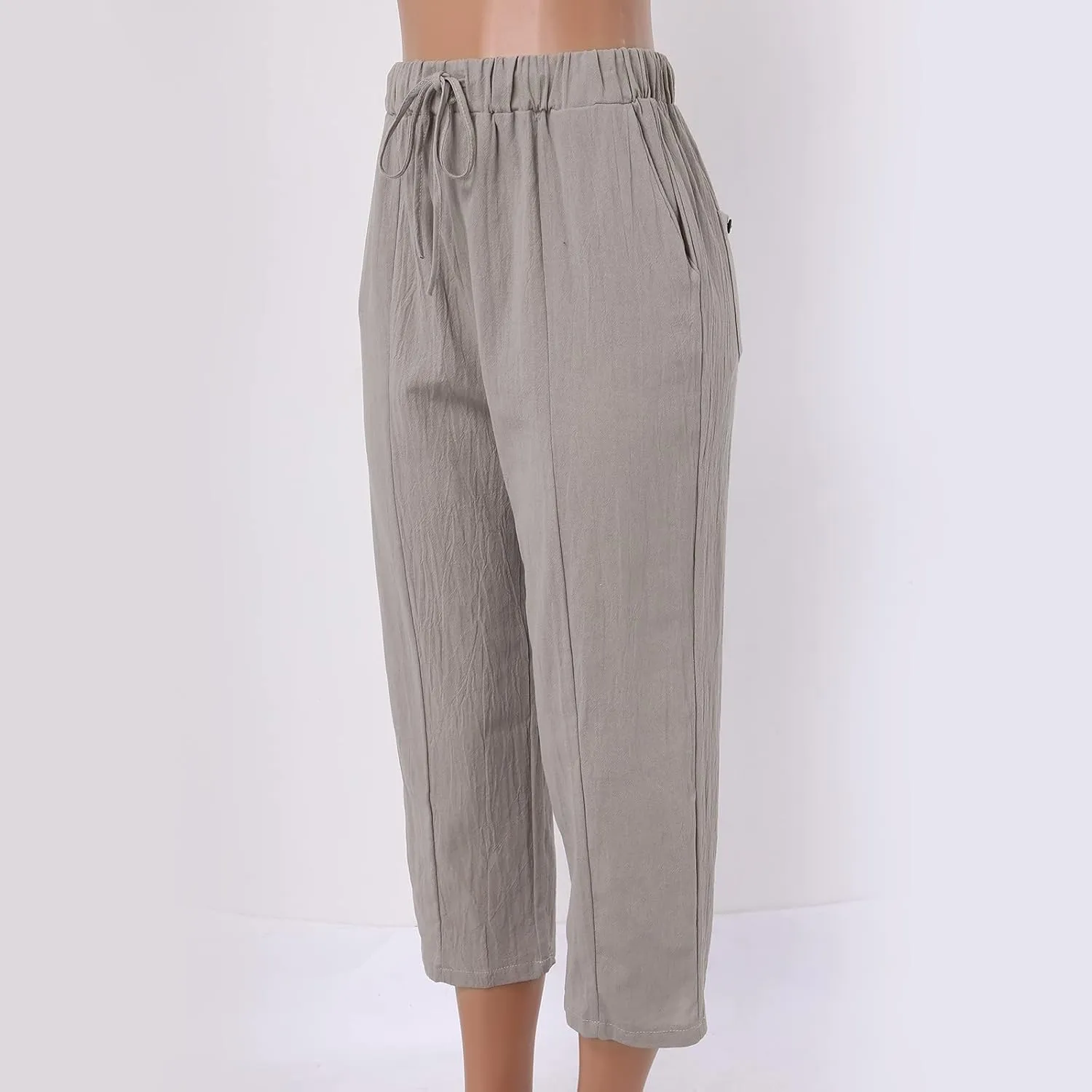 Linen Capris for Women High Waist Casual Pants Drawstring Capri Pants Comfy Cropped Pants with Pockets