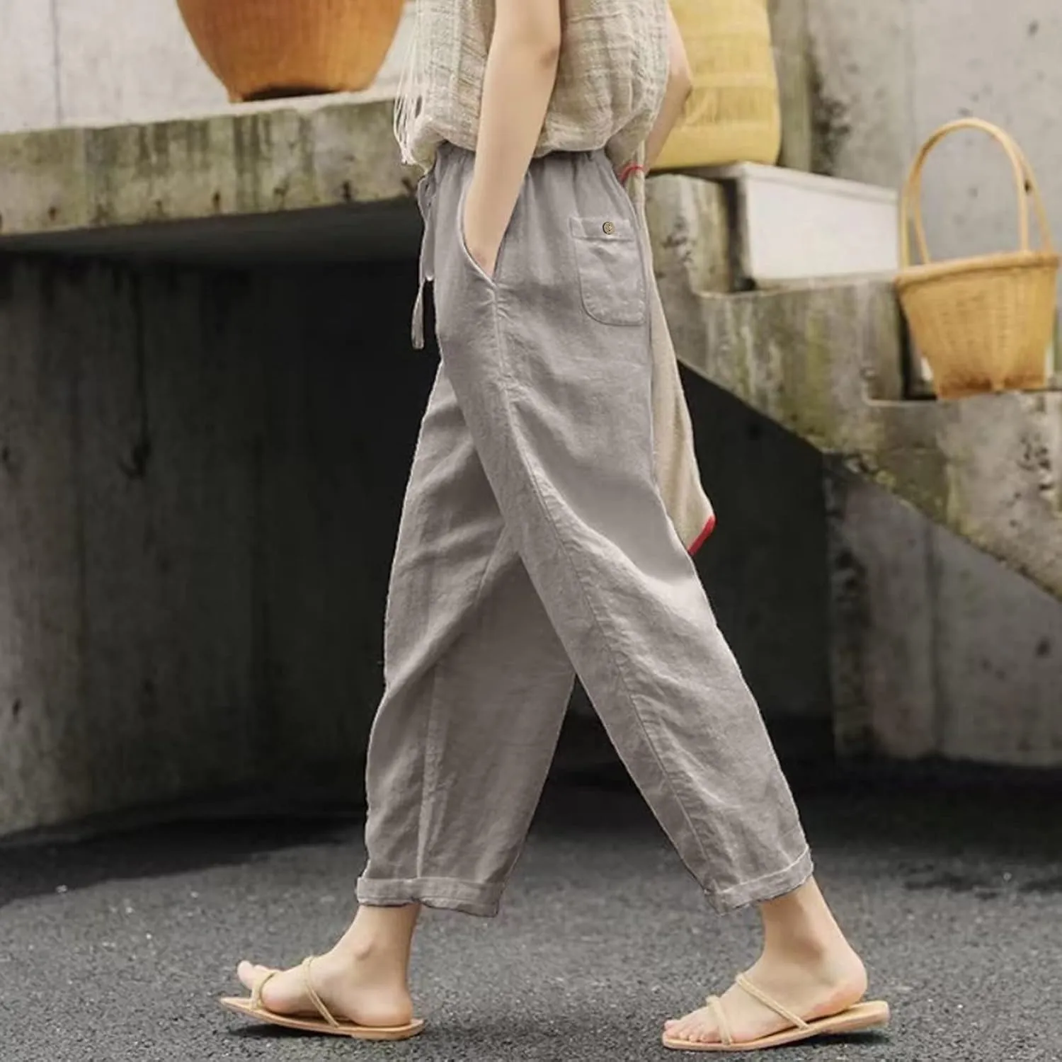 Linen Capris for Women High Waist Casual Pants Drawstring Capri Pants Comfy Cropped Pants with Pockets
