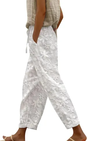 Linen Capris for Women High Waist Casual Pants Drawstring Capri Pants Comfy Cropped Pants with Pockets