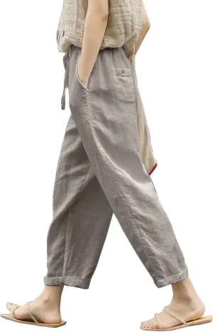 Linen Capris for Women High Waist Casual Pants Drawstring Capri Pants Comfy Cropped Pants with Pockets