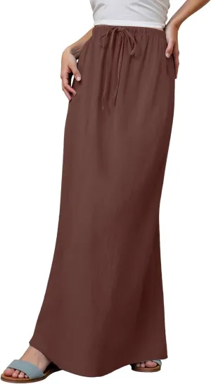 Linen Maxi Skirt for Women Elastic High Waist Flowy Boho Long Skirts 2025 Trendy Summer Vacation Beach A-Line Skirt