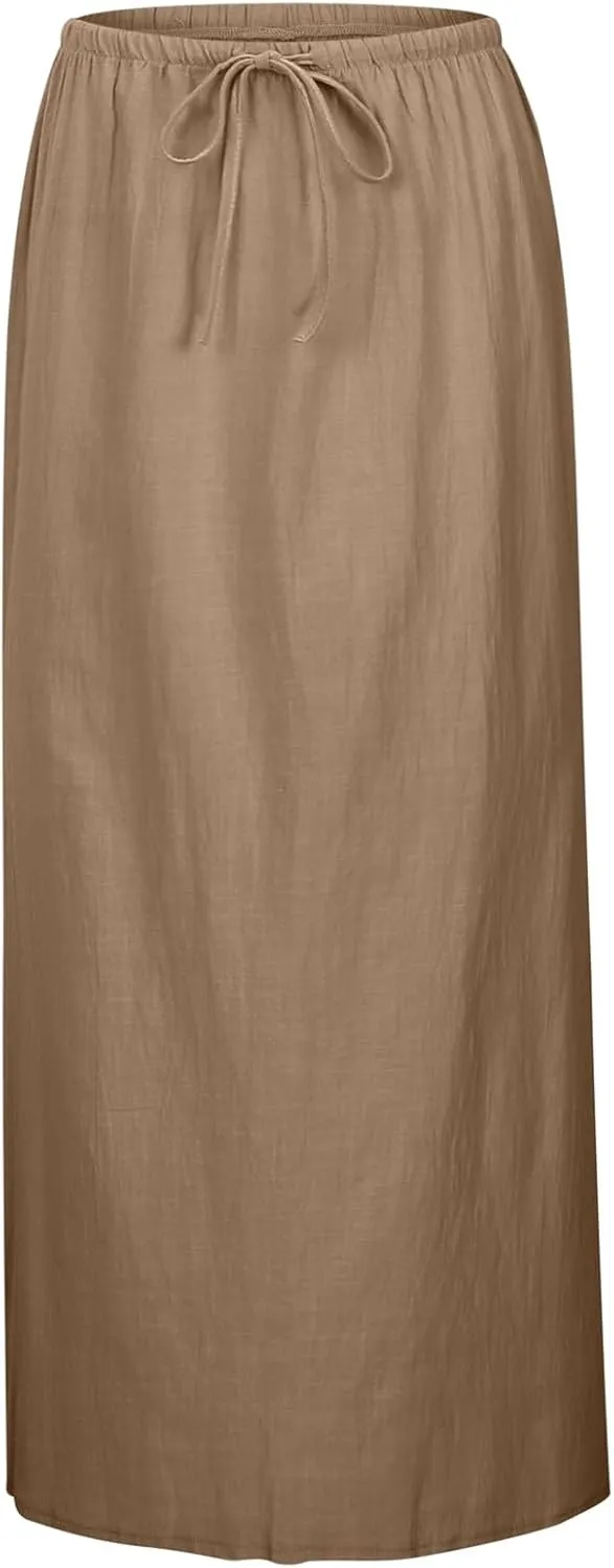 Linen Maxi Skirt for Women Elastic High Waist Flowy Boho Long Skirts 2025 Trendy Summer Vacation Beach A-Line Skirt