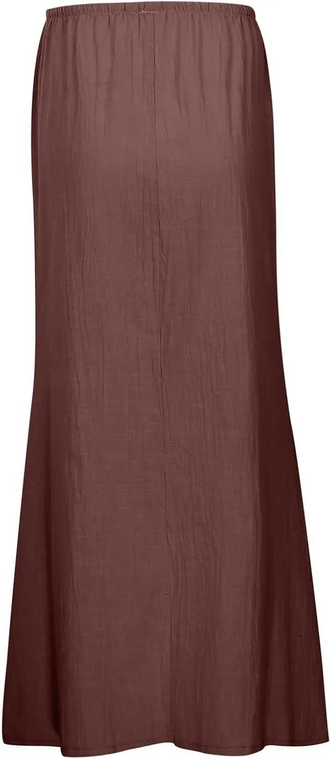 Linen Maxi Skirt for Women Elastic High Waist Flowy Boho Long Skirts 2025 Trendy Summer Vacation Beach A-Line Skirt